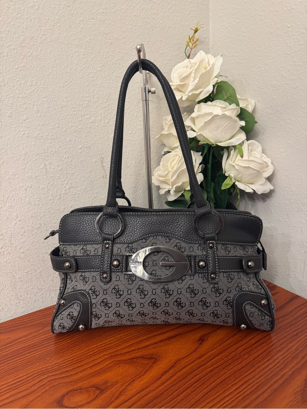 Guess Monogram Gray and Black Signature Shoulder Bag